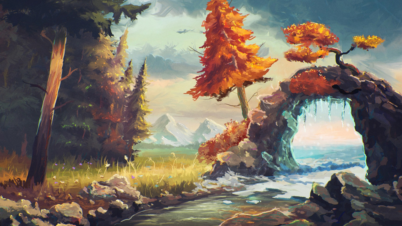 Brown and Green Trees Beside River Painting. Wallpaper in 1366x768 Resolution