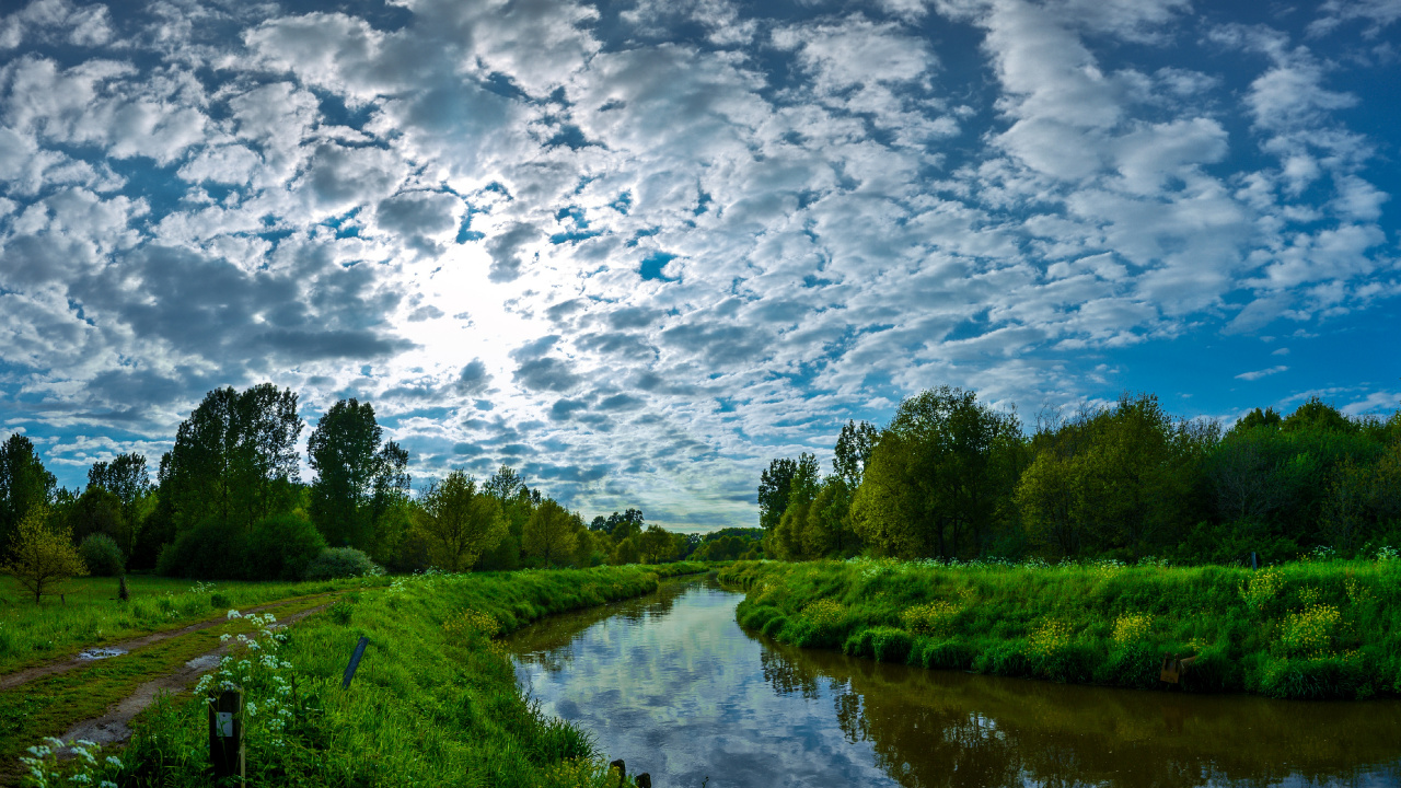 Champ D'herbe Verte Près D'un Plan D'eau Sous Des Nuages Blancs et un Ciel Bleu Pendant la Journée. Wallpaper in 1280x720 Resolution