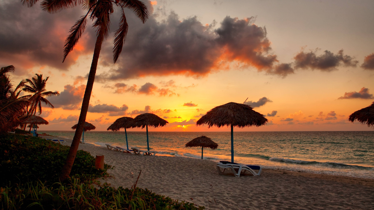 Beach Umbrellas on Beach During Sunset. Wallpaper in 1280x720 Resolution