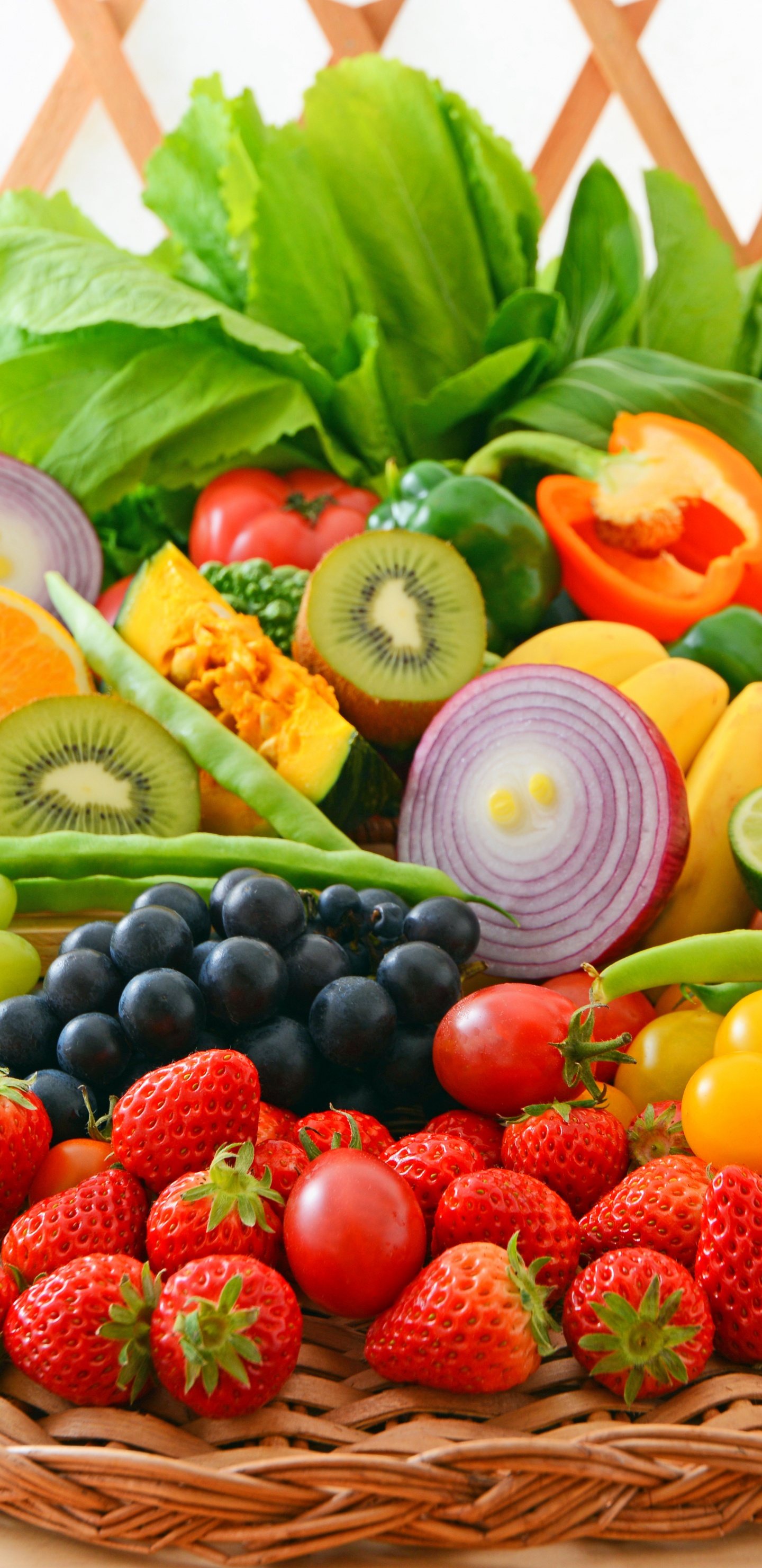 Red Strawberries and Green Leaves on Brown Woven Basket. Wallpaper in 1440x2960 Resolution