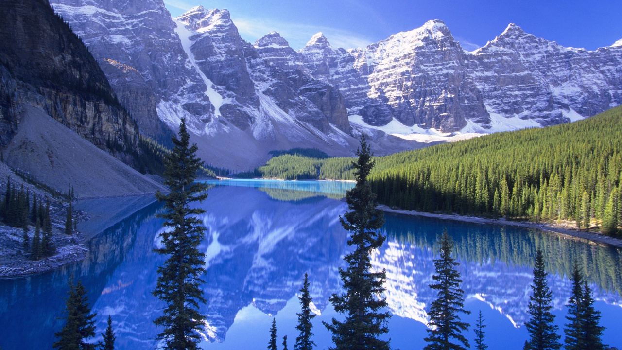 Lake Surrounded by Trees and Snow Covered Mountains During Daytime. Wallpaper in 1280x720 Resolution