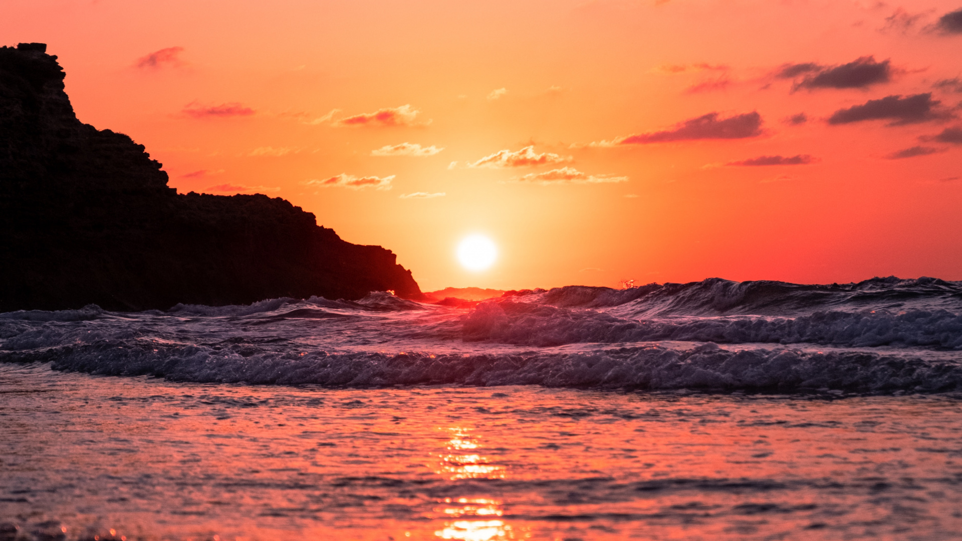 Puesta, Mar, Afterglow, Cuerpo de Agua, Oceano. Wallpaper in 1920x1080 Resolution