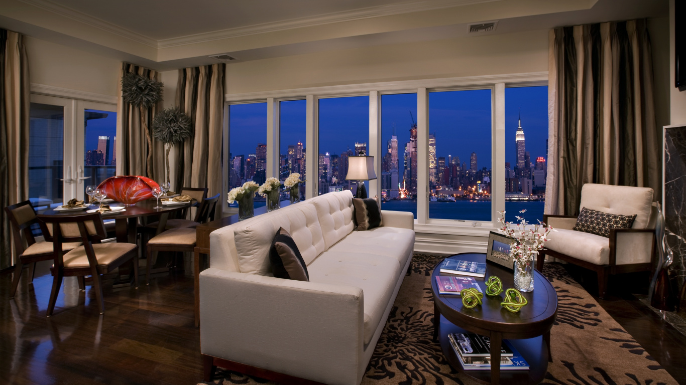 White Leather Couch Near Glass Window. Wallpaper in 1366x768 Resolution