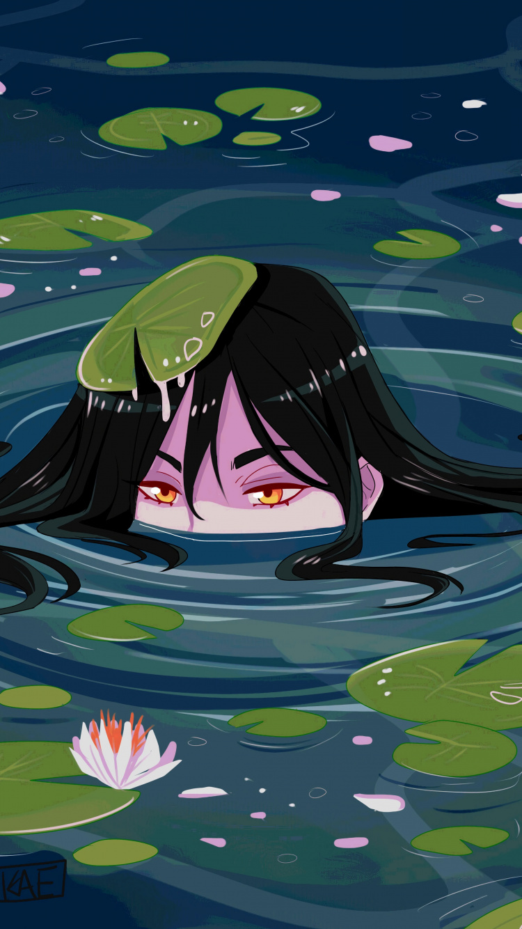 Black Haired Woman in Purple and White Dress Anime Character. Wallpaper in 750x1334 Resolution