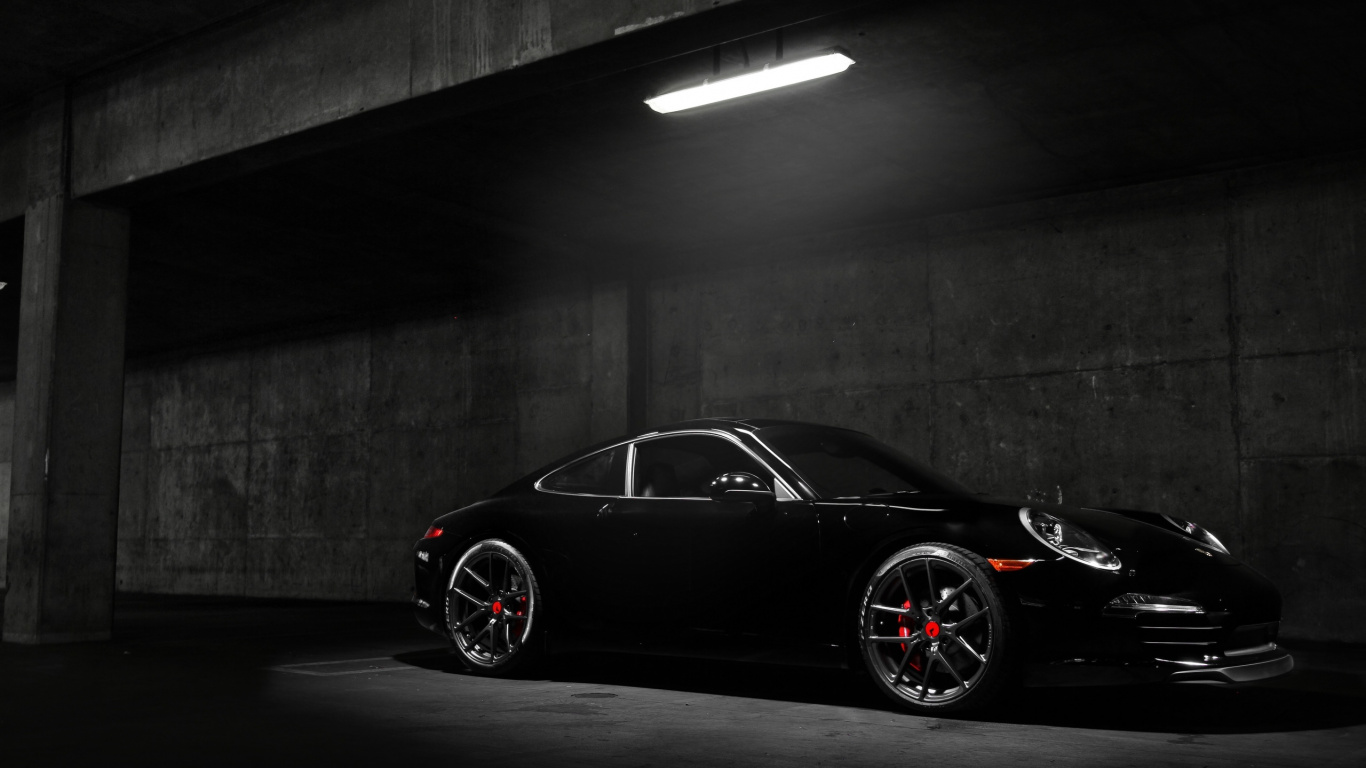 Black Porsche 911 Parked in a Tunnel. Wallpaper in 1366x768 Resolution