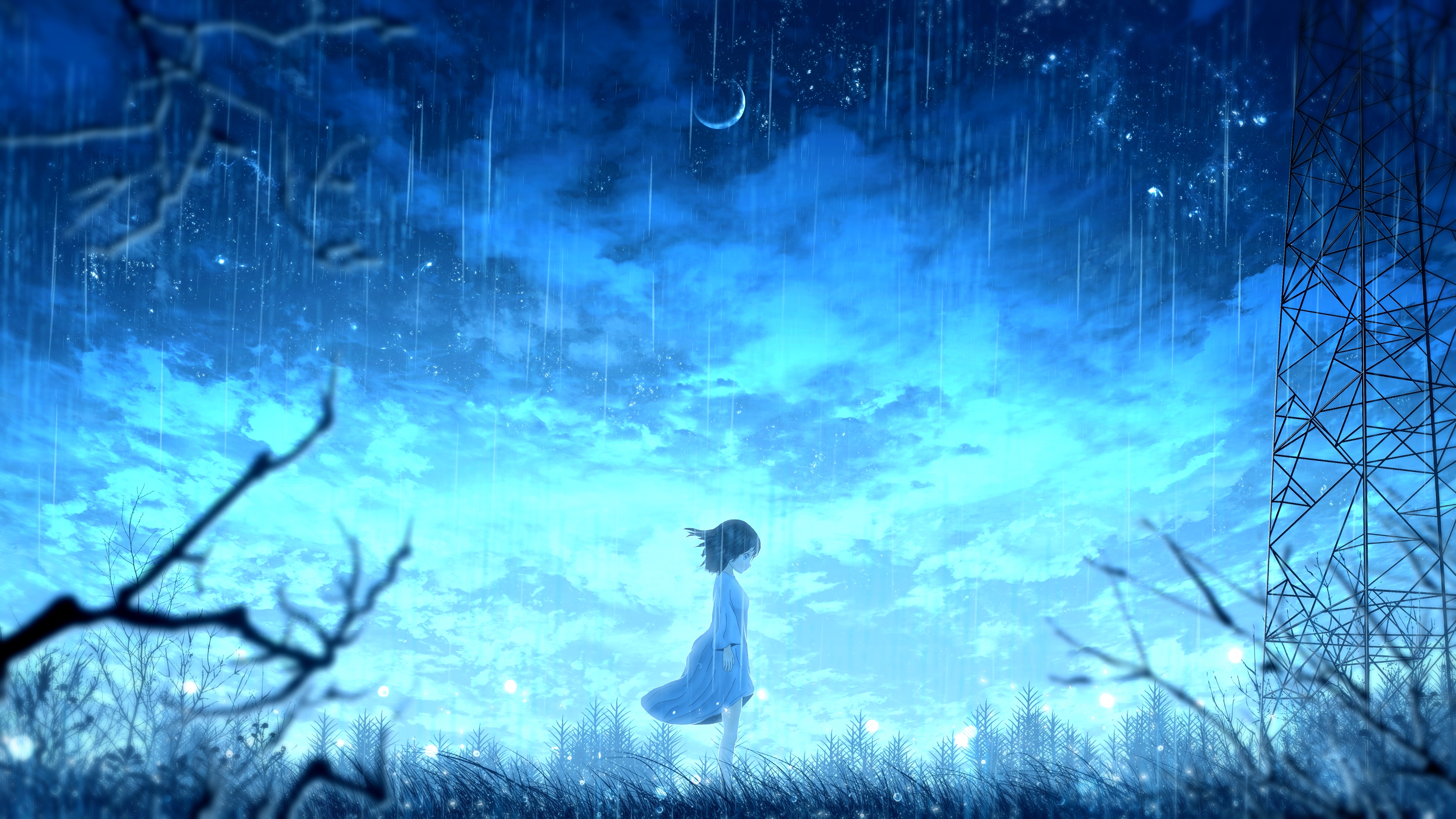 Girl in White Dress Standing on White Grass Field During Night Time. Wallpaper in 3840x2160 Resolution