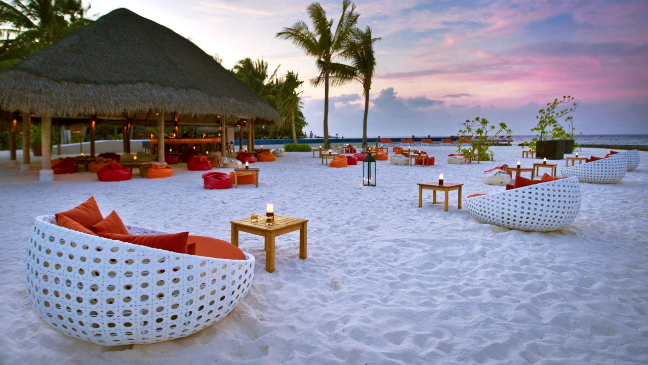 Chaises de Plage Blanches et Brunes et Palmiers Sur la Plage Pendant la Journée. Wallpaper in 1280x720 Resolution