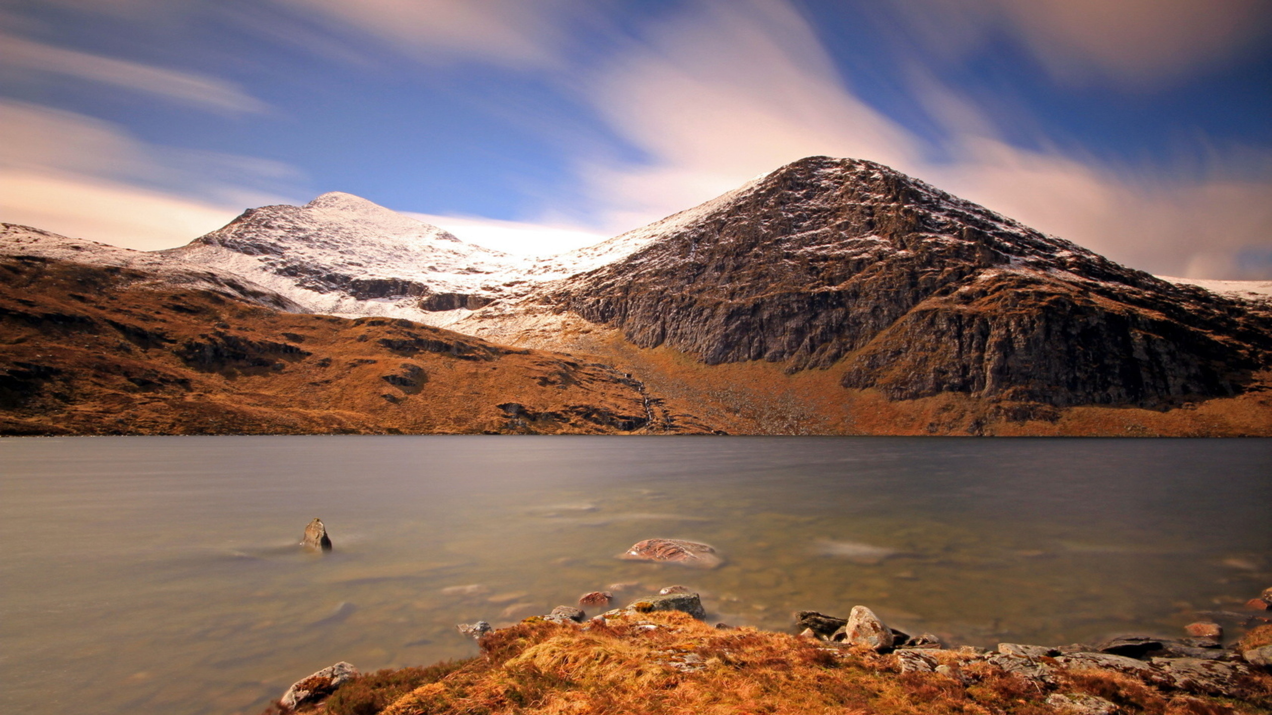 Weißer Und Schwarzer Vogel Auf Braunem Feld in Der Nähe Von See Und Schneebedeckten Bergen Tagsüber Mountain. Wallpaper in 2560x1440 Resolution