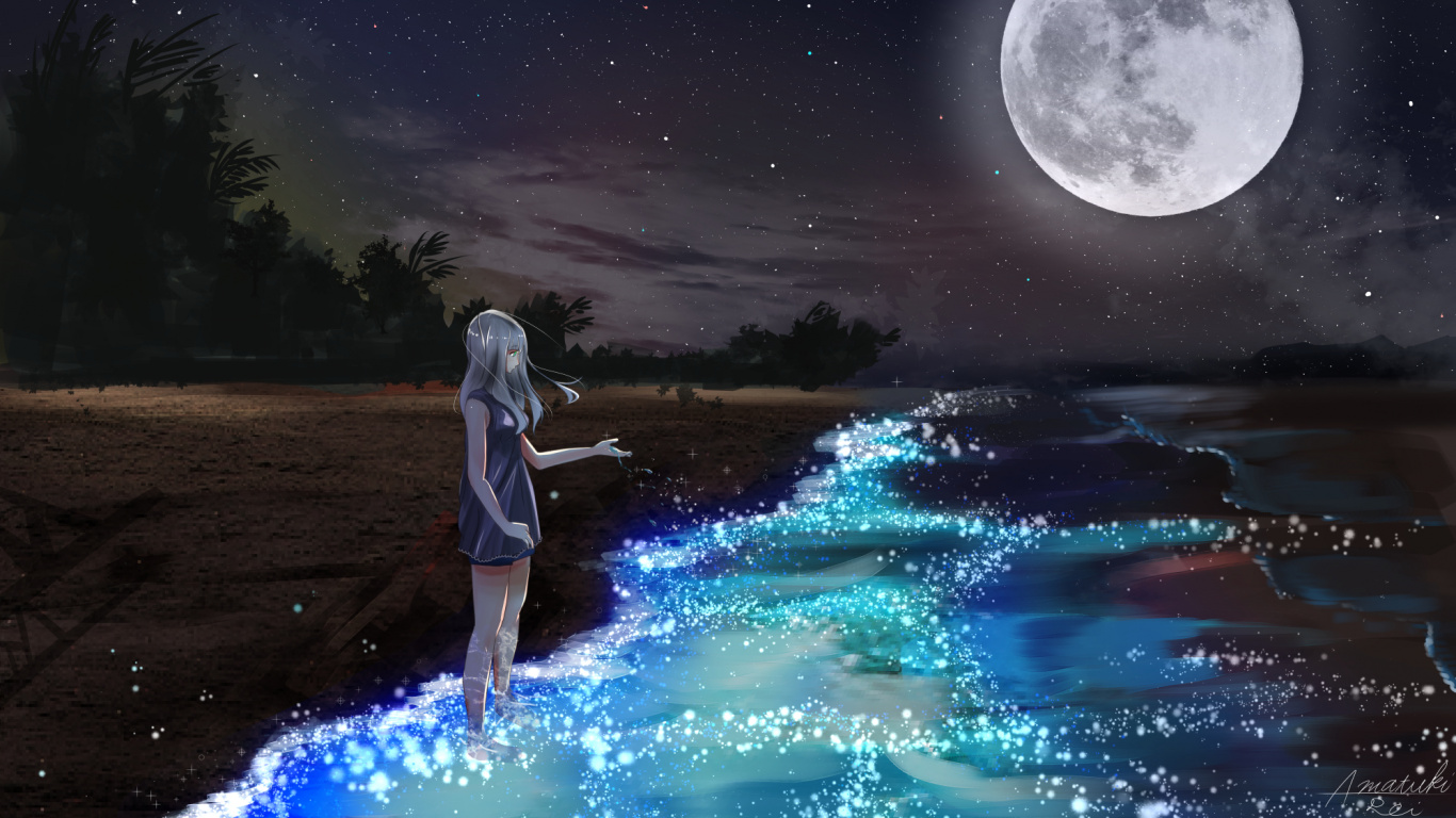 Mujer en Camisa Blanca de Manga Larga y Pantalones Cortos de Mezclilla Azul de Pie en la Orilla Del Mar Durante la Noche. Wallpaper in 1366x768 Resolution