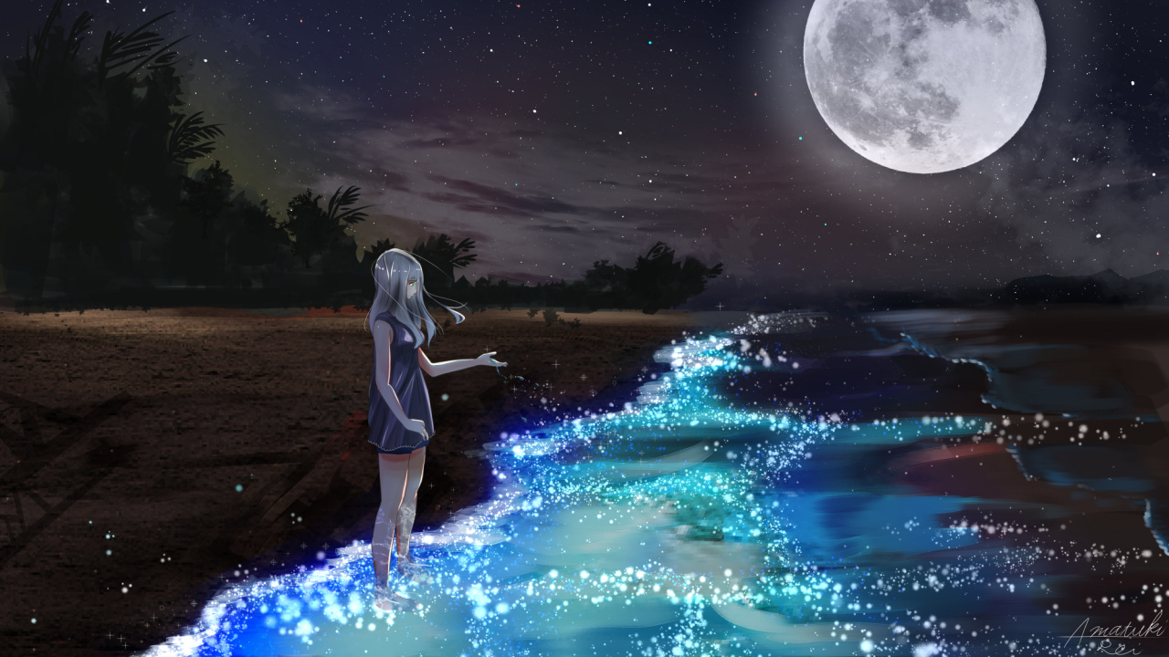 Femme en Chemise Blanche à Manches Longues et Short en Jean Bleu Debout au Bord de la Mer Pendant la Nuit. Wallpaper in 1280x720 Resolution