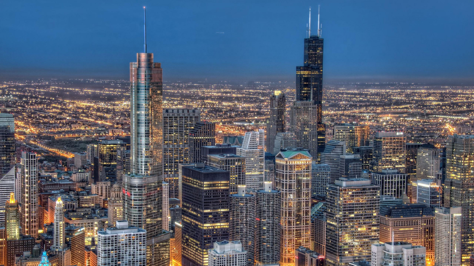 Aerial View of City Buildings During Night Time. Wallpaper in 1920x1080 Resolution