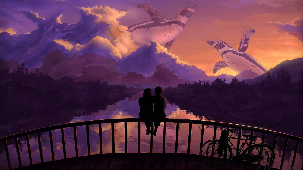 2 Personen Stehen Auf Der Brücke Und Schauen Auf Ein Weißes Flugzeug. Wallpaper in 1280x720 Resolution