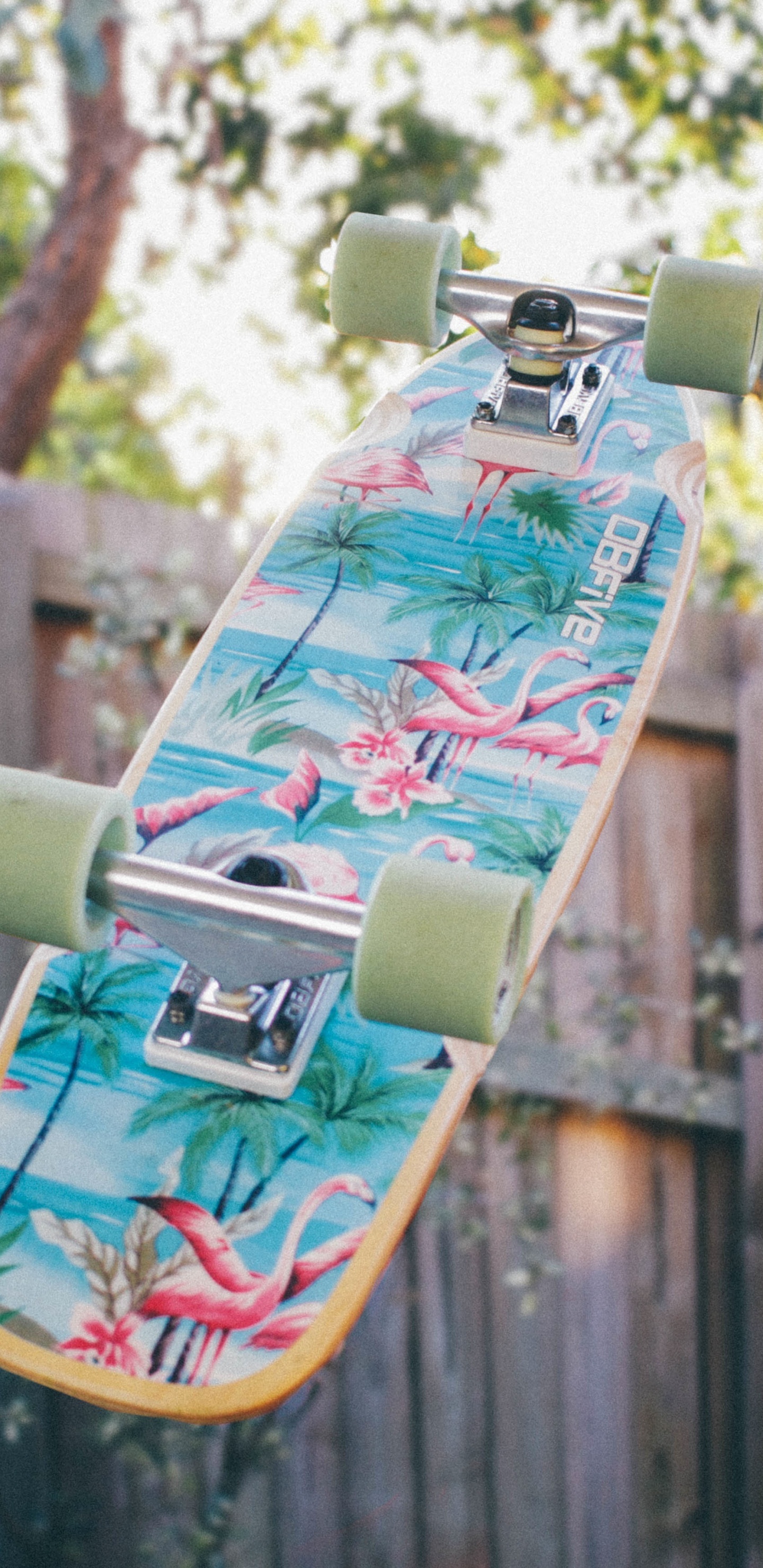 Grünes Und Schwarzes Skateboard Auf Braunem Holzzaun Tagsüber Fence. Wallpaper in 1440x2960 Resolution