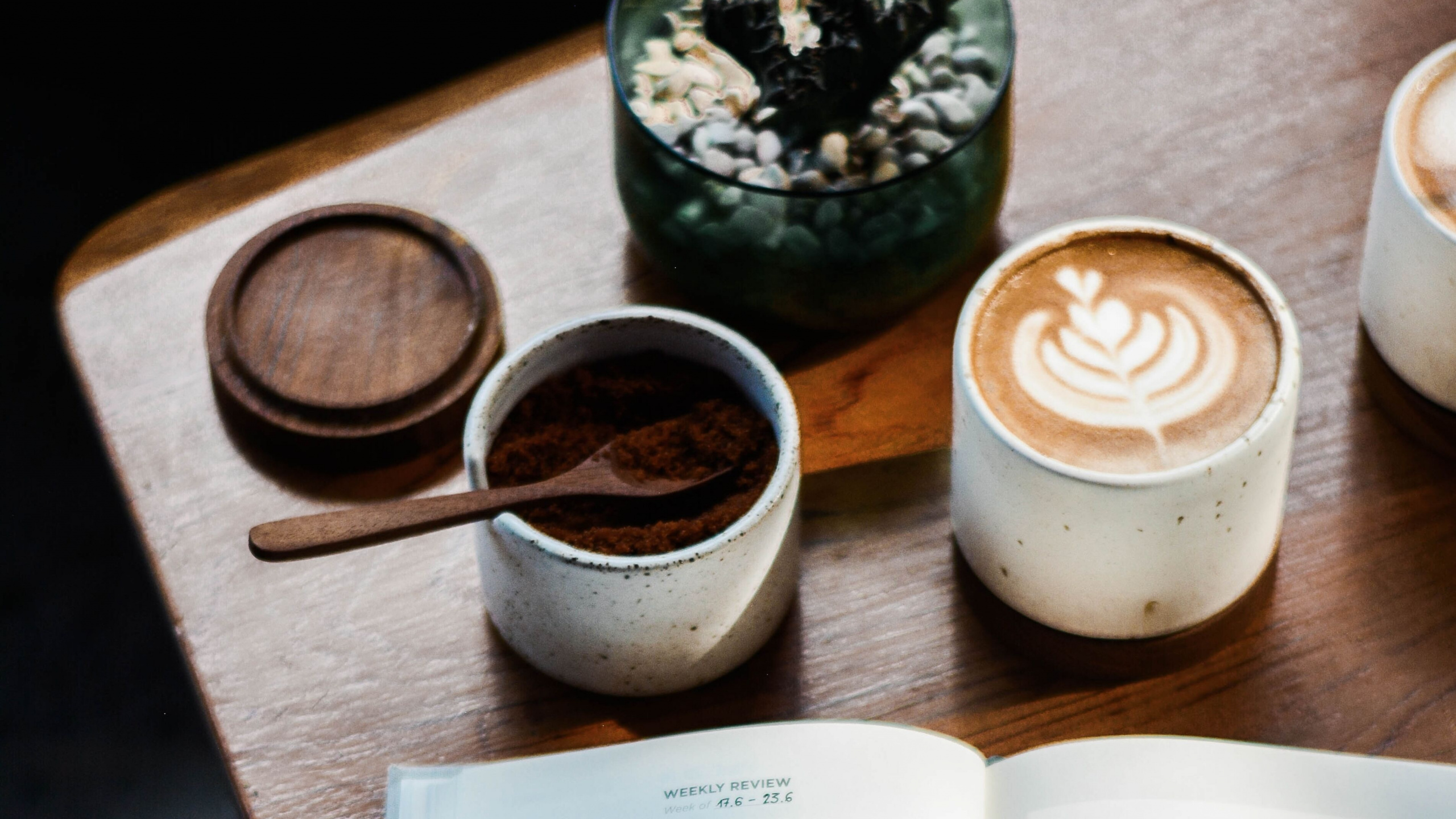 White Printer Paper Beside White Ceramic Mug on Brown Wooden Table. Wallpaper in 2560x1440 Resolution