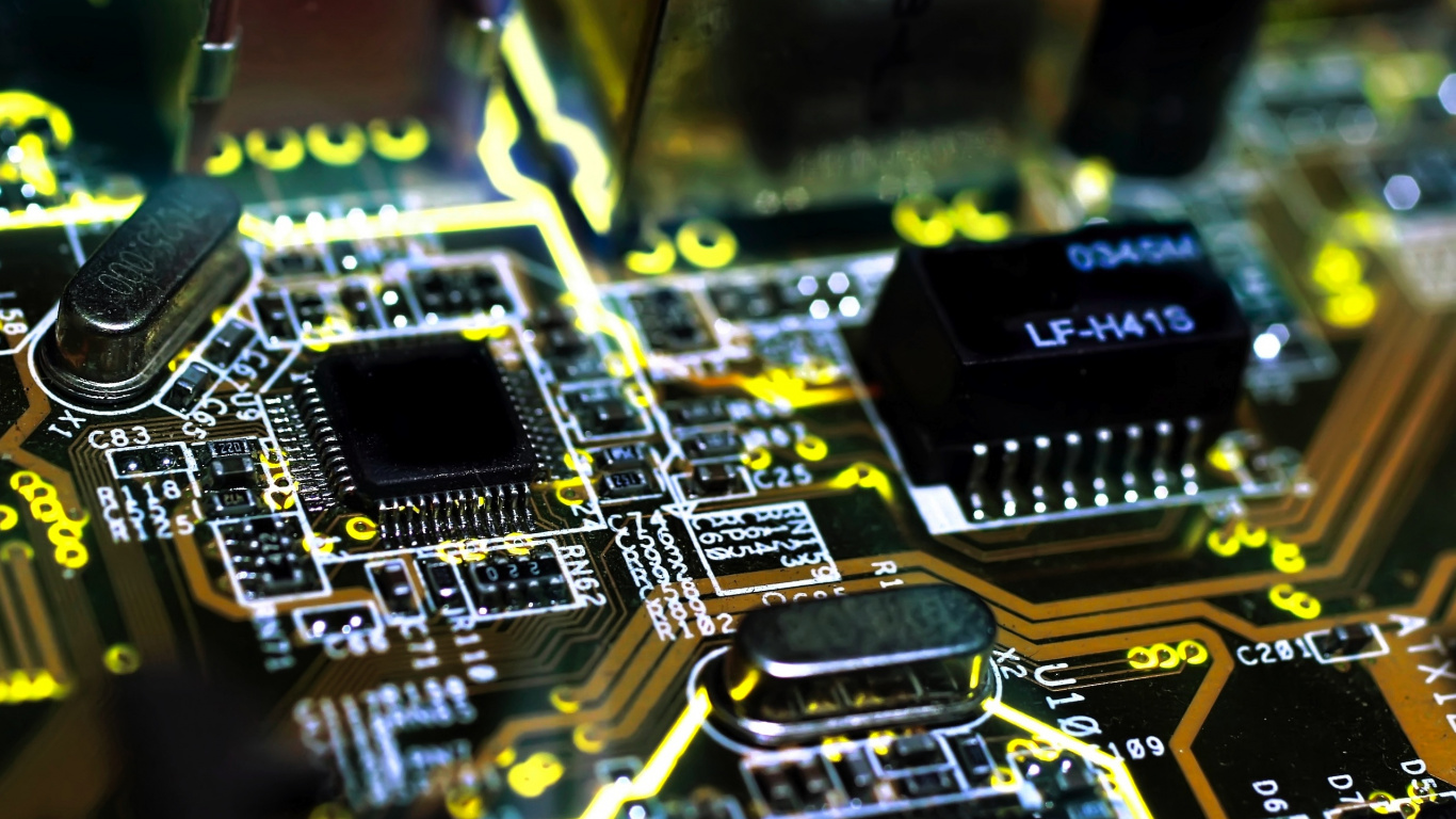 Green and Black Computer Motherboard. Wallpaper in 1366x768 Resolution