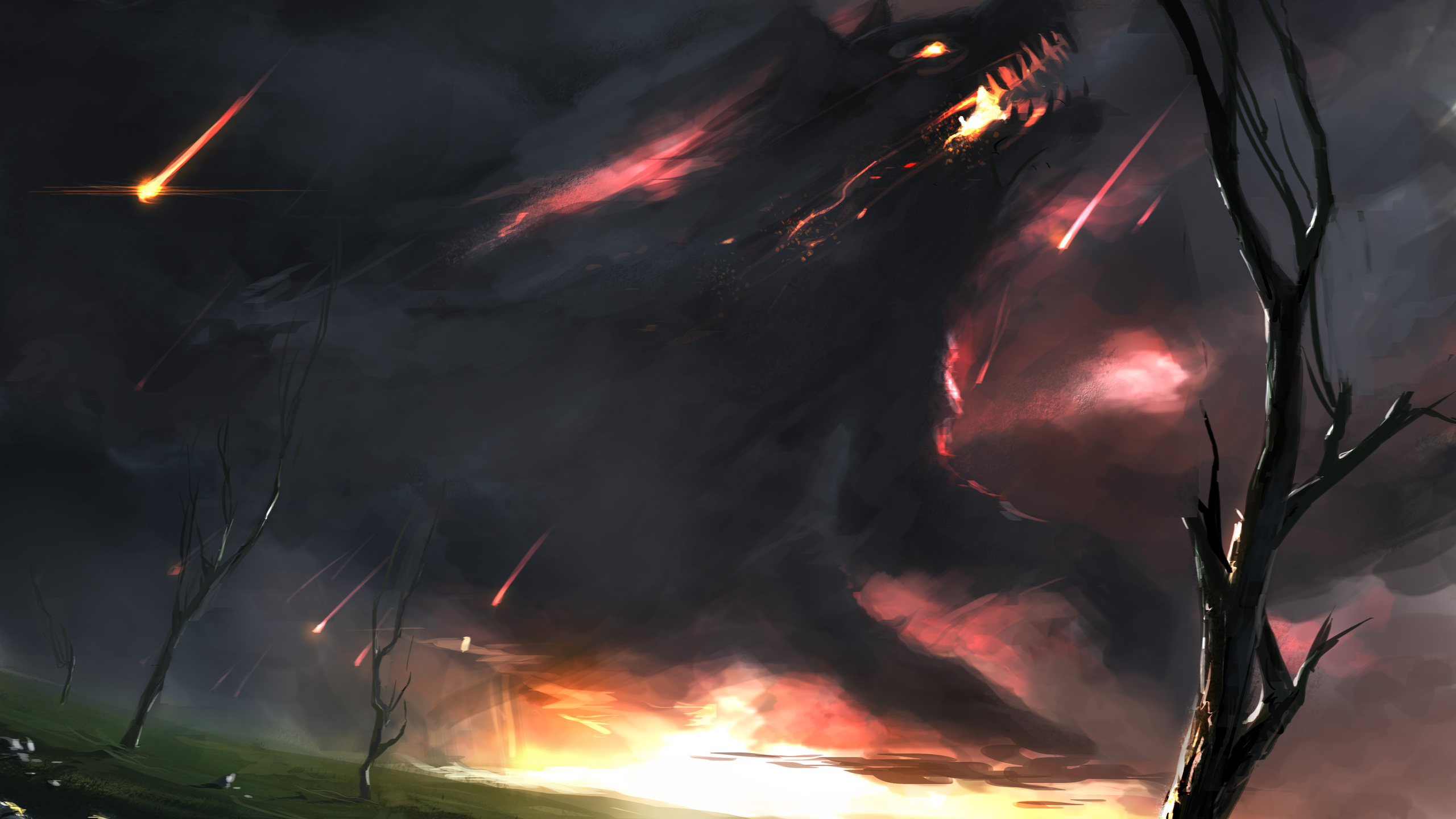 Coup de Foudre Sur le Terrain D'herbe Verte Pendant la Nuit. Wallpaper in 2560x1440 Resolution