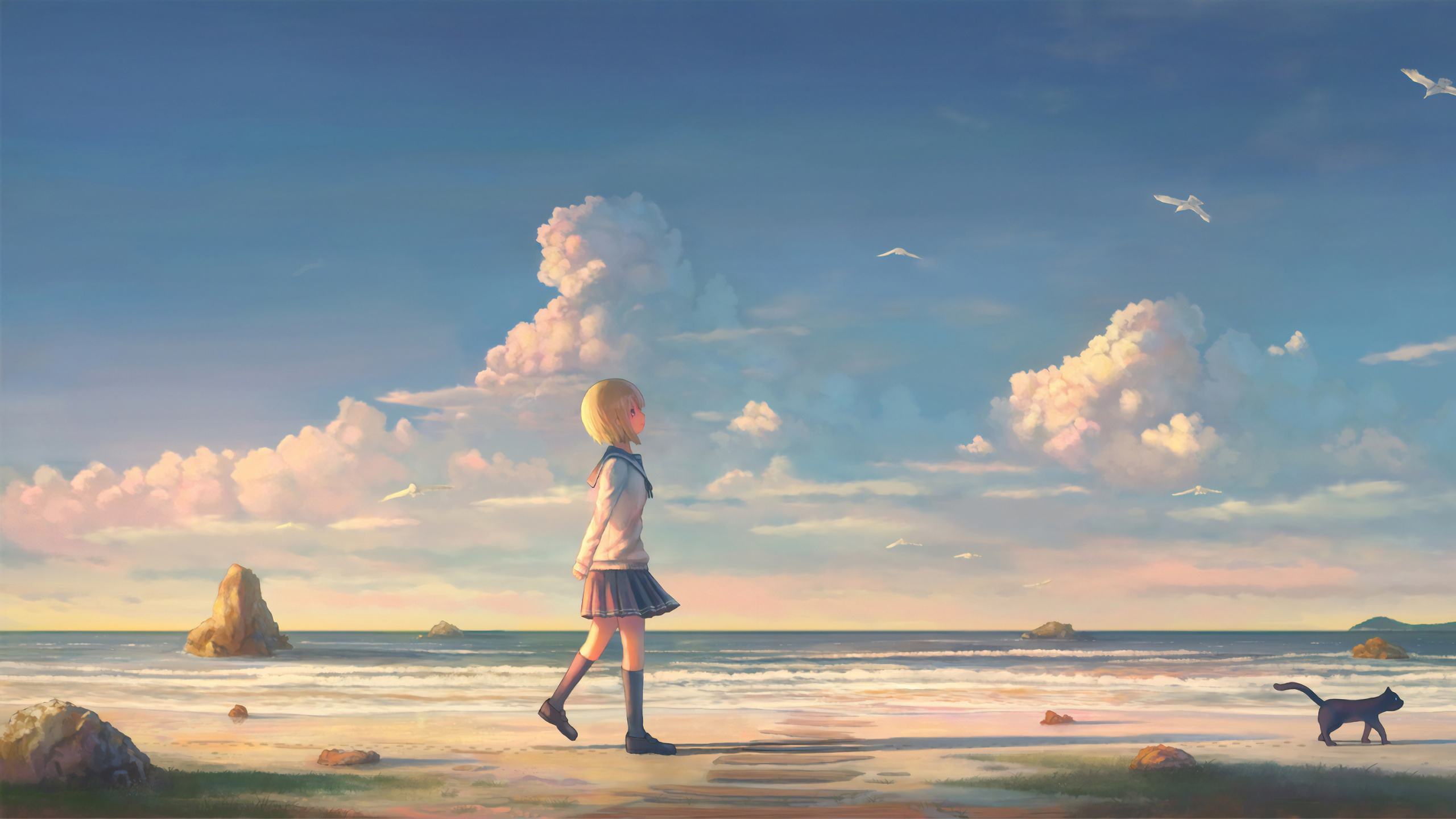 Girl in White Dress Standing on Seashore Pendant la Journée. Wallpaper in 2560x1440 Resolution