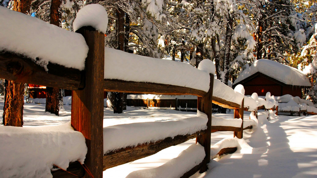 Banc en Bois Marron Recouvert de Neige. Wallpaper in 1280x720 Resolution