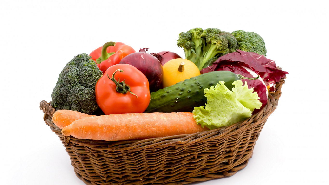 Brown Woven Basket With Vegetables. Wallpaper in 1366x768 Resolution