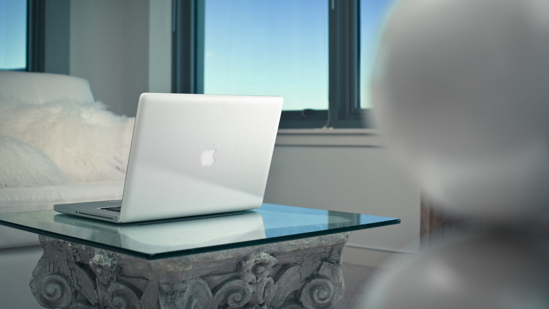 Silver Macbook on Green Table. Wallpaper in 1920x1080 Resolution