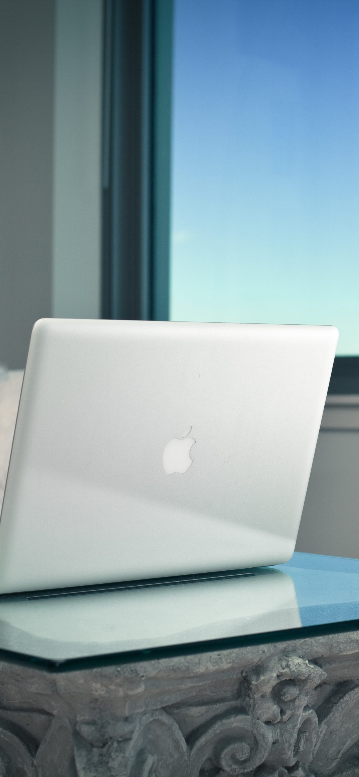 Macbook Plateado Sobre Mesa Verde. Wallpaper in 1242x2688 Resolution