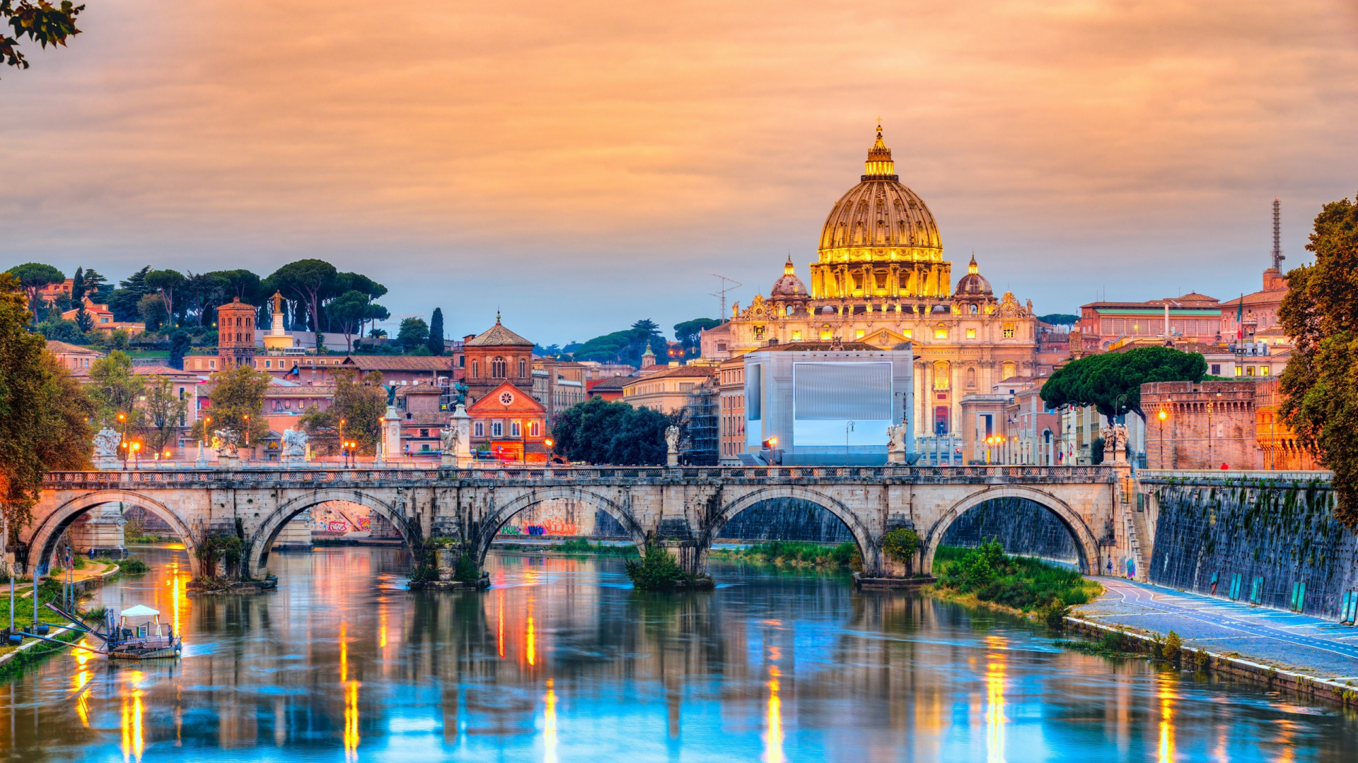 Ponte Santangelo, 卡斯特santangelo, 圣彼得大教堂, 反射, 性质 壁纸 1920x1080 允许