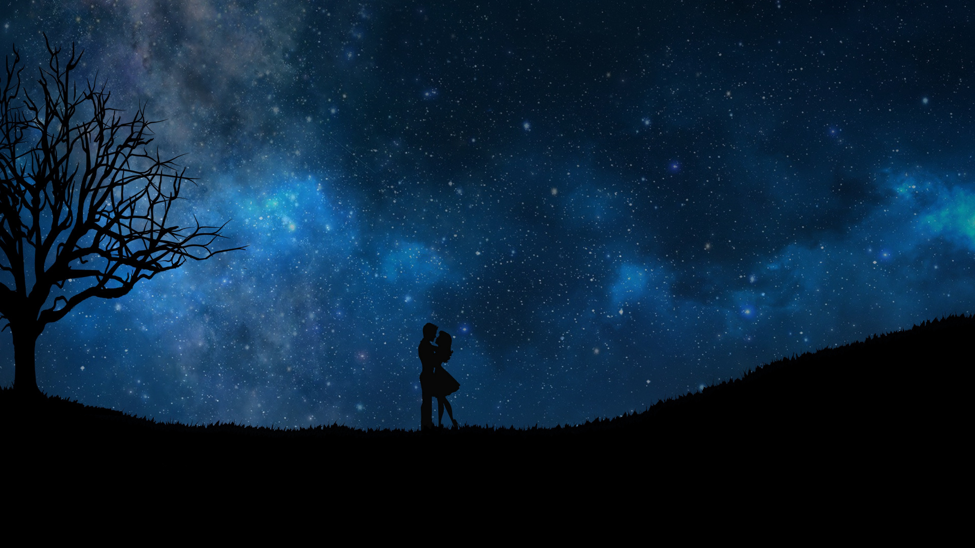 Silhouette de 2 Personne Debout Sur la Colline Sous la Nuit Étoilée. Wallpaper in 1920x1080 Resolution