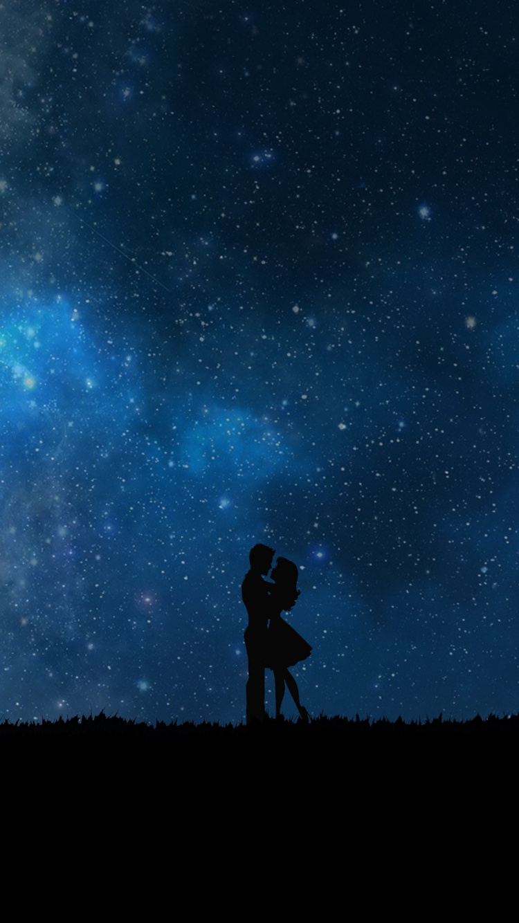 Silhouette of 2 Person Standing on Hill Under Starry Night. Wallpaper in 750x1334 Resolution