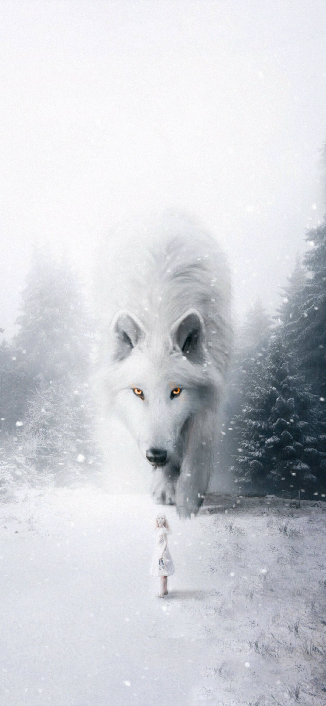 Loup Blanc Sur Sol Couvert de Neige Pendant la Journée. Wallpaper in 1125x2436 Resolution