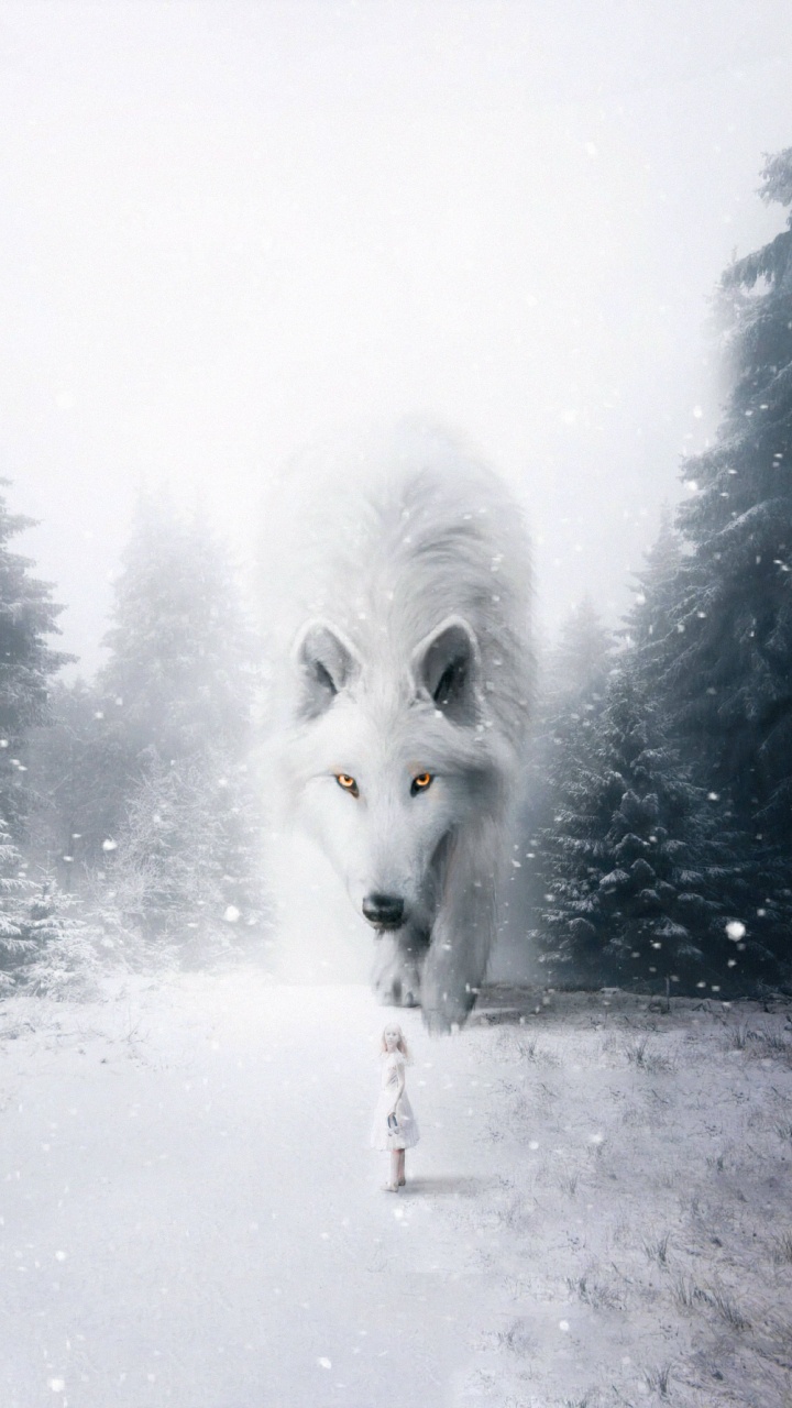 Loup Blanc Sur Sol Couvert de Neige Pendant la Journée. Wallpaper in 720x1280 Resolution