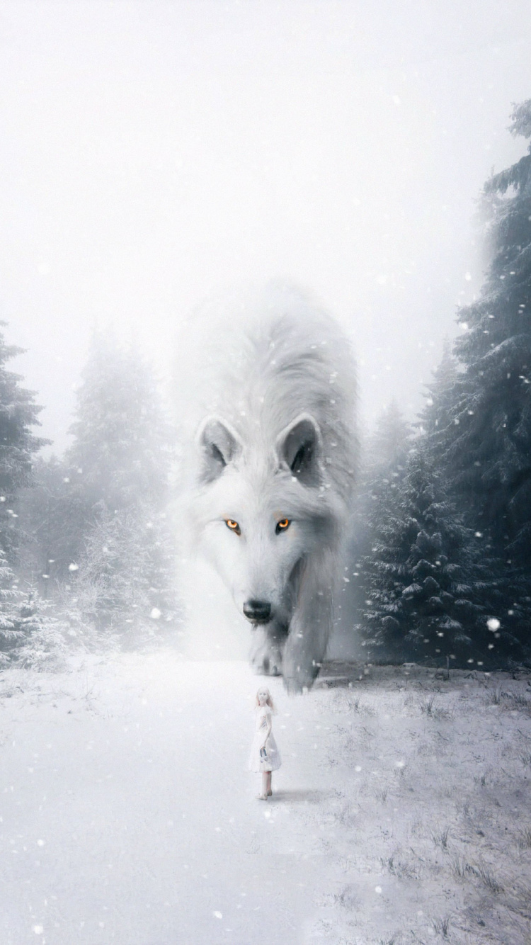 Loup Blanc Sur Sol Couvert de Neige Pendant la Journée. Wallpaper in 750x1334 Resolution