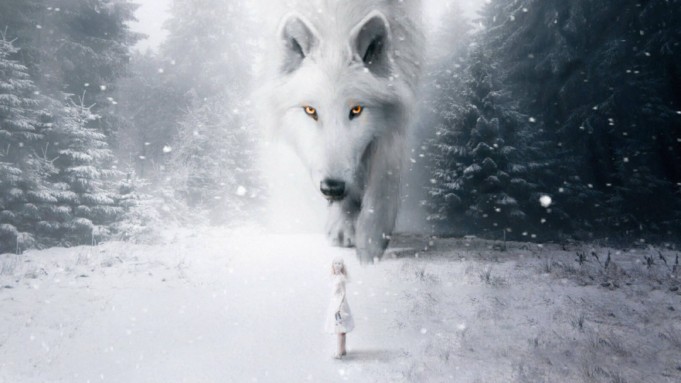 White Wolf on Snow Covered Ground During Daytime. Wallpaper in 1366x768 Resolution