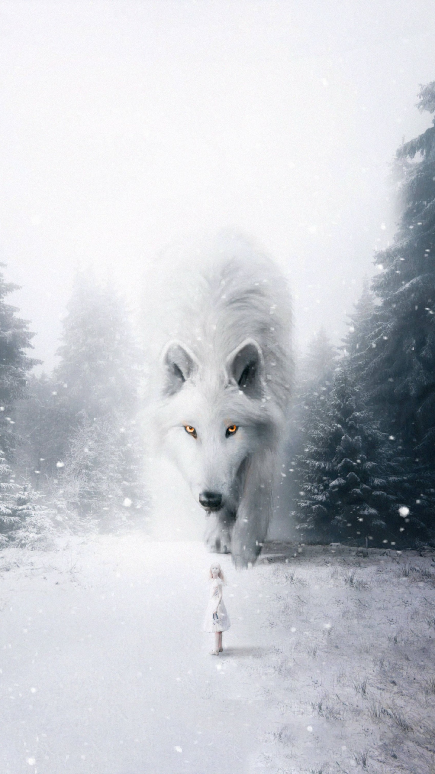 White Wolf on Snow Covered Ground During Daytime. Wallpaper in 1440x2560 Resolution