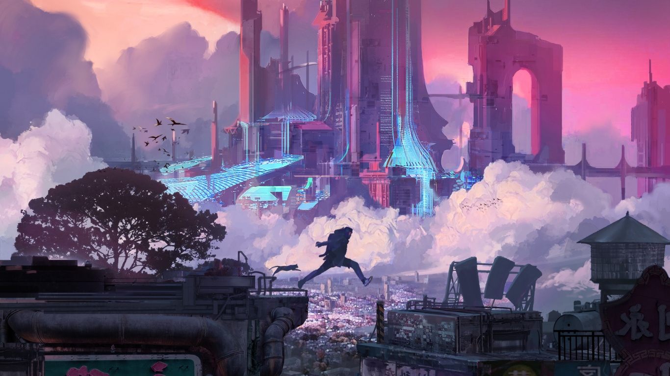 Ciudad Cibernética, Luz, Morado, Edificio, Rosa. Wallpaper in 1366x768 Resolution