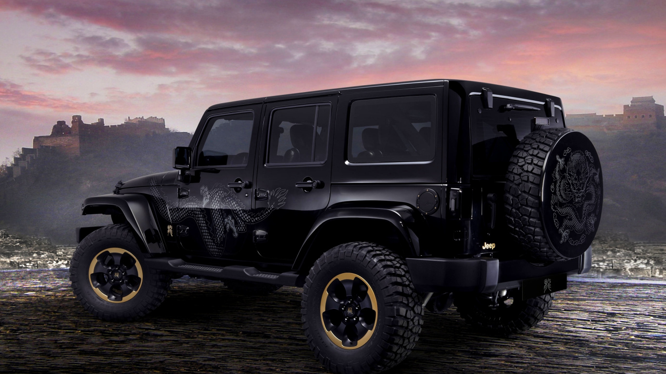 Schwarzer Jeep Wrangler Auf Dem Wasser. Wallpaper in 1366x768 Resolution