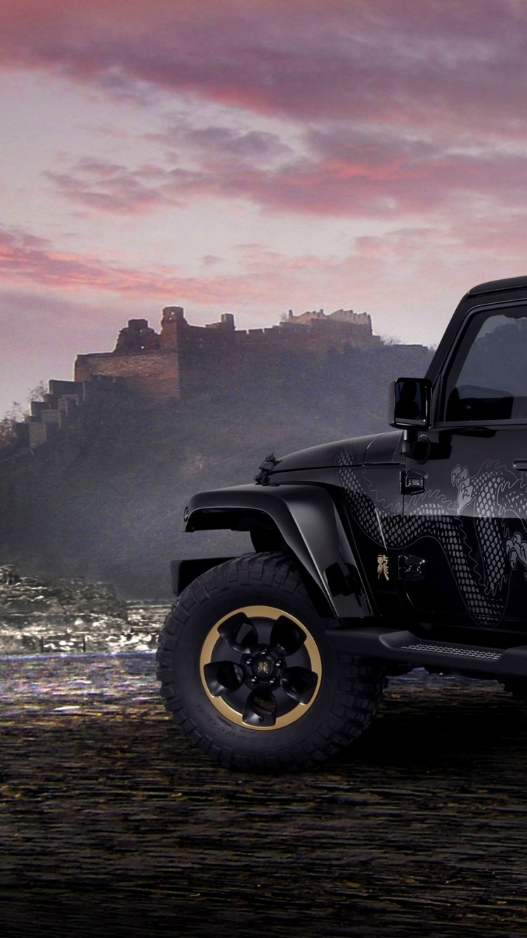 Schwarzer Jeep Wrangler Auf Dem Wasser. Wallpaper in 750x1334 Resolution