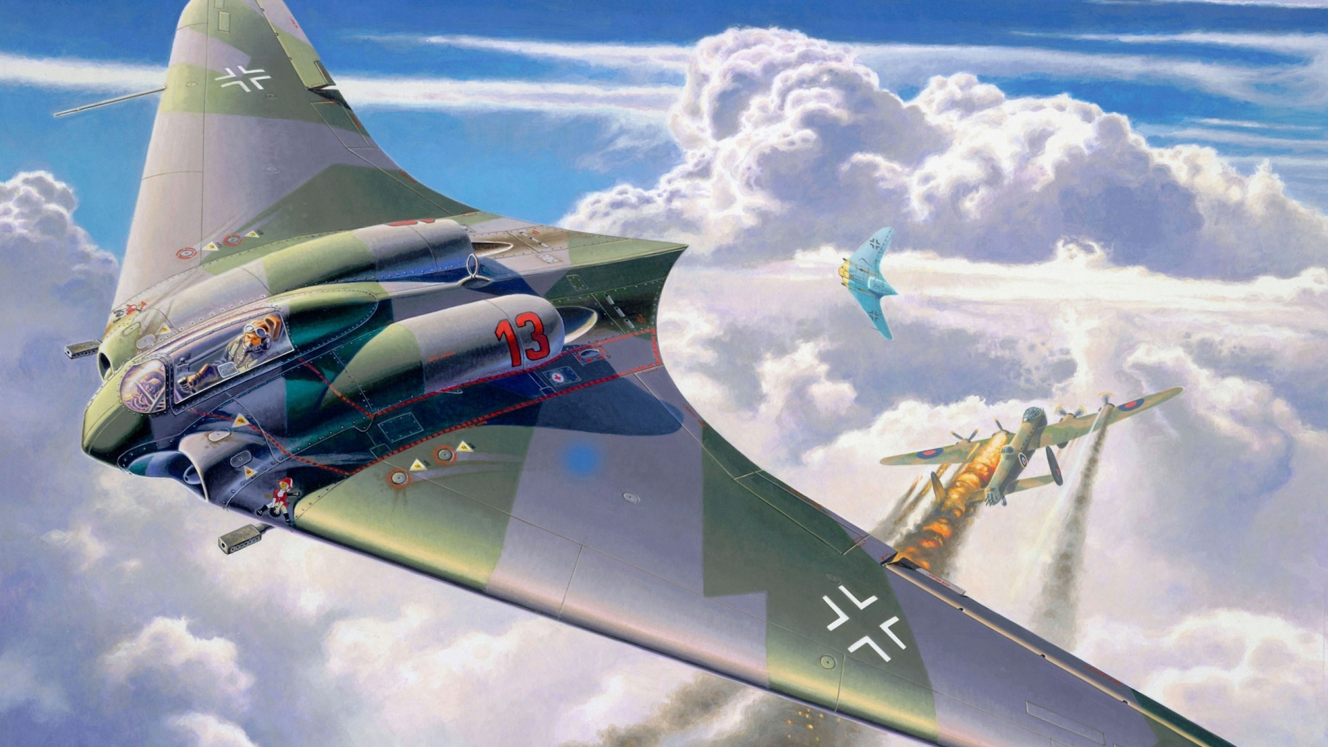 Blaues Und Gelbes Düsenflugzeug, Das Tagsüber Unter Weißen Wolken Fliegt. Wallpaper in 1920x1080 Resolution