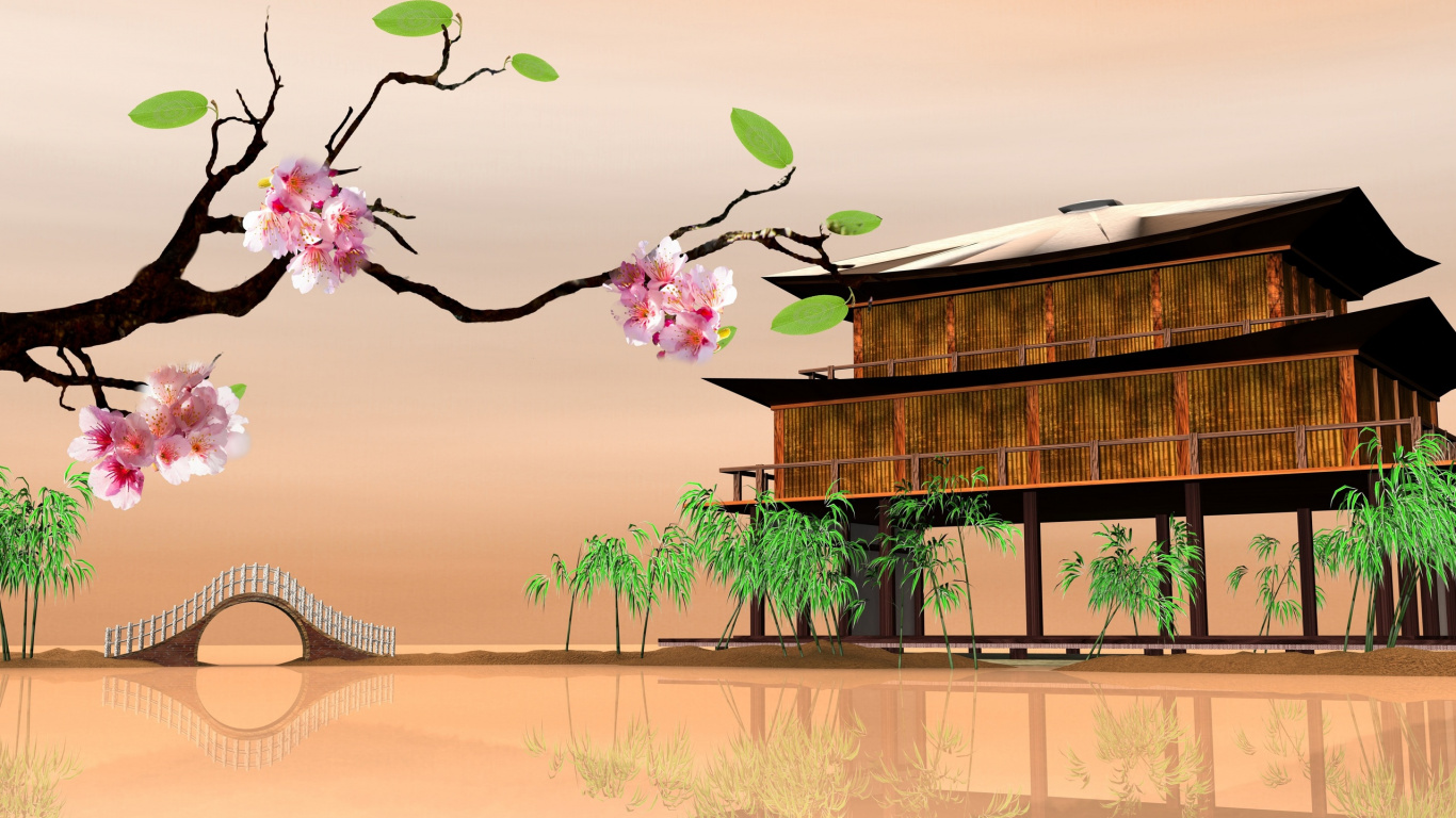 Fleur de Cerisier Rose Près D'une Maison en Bois Marron Pendant la Journée. Wallpaper in 1366x768 Resolution