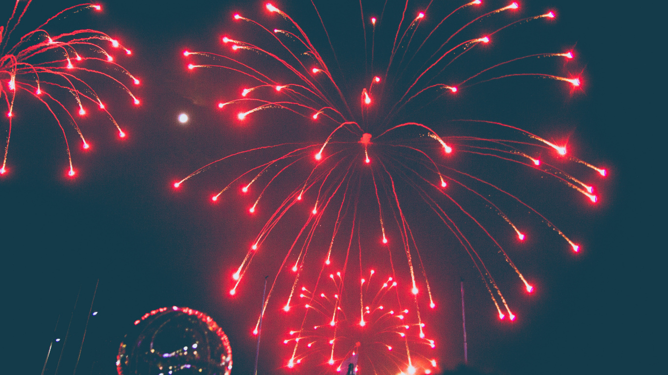Fireworks, Red, New Years Day, Midnight, Pink. Wallpaper in 1366x768 Resolution