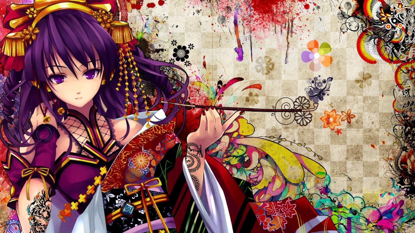 Woman in Red and White Kimono Anime Character. Wallpaper in 1366x768 Resolution