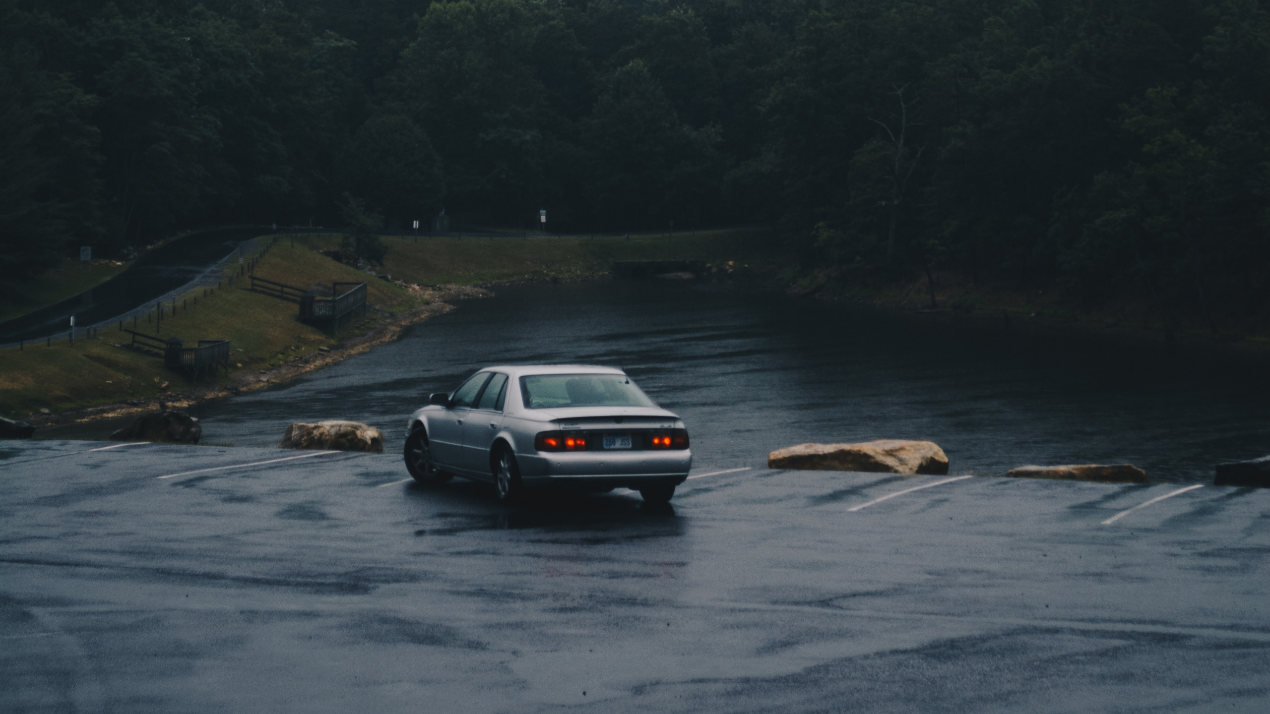 Black Car on Road Near Green Trees During Foggy Day. Wallpaper in 2560x1440 Resolution