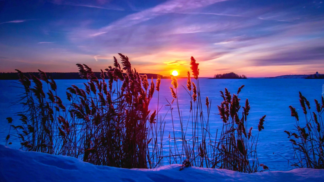 Sonnenuntergang, Winter, Schnee, Natur, Naturlandschaft. Wallpaper in 1366x768 Resolution