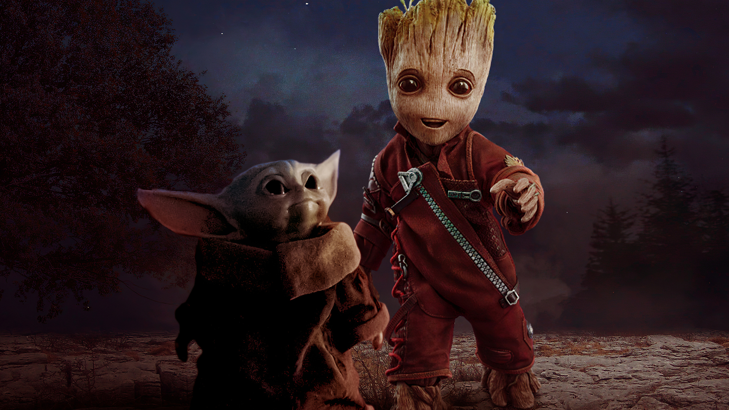 Baby Yoda, Grogu, Groot, Yoda, The Mandalorian. Wallpaper in 2560x1440 Resolution