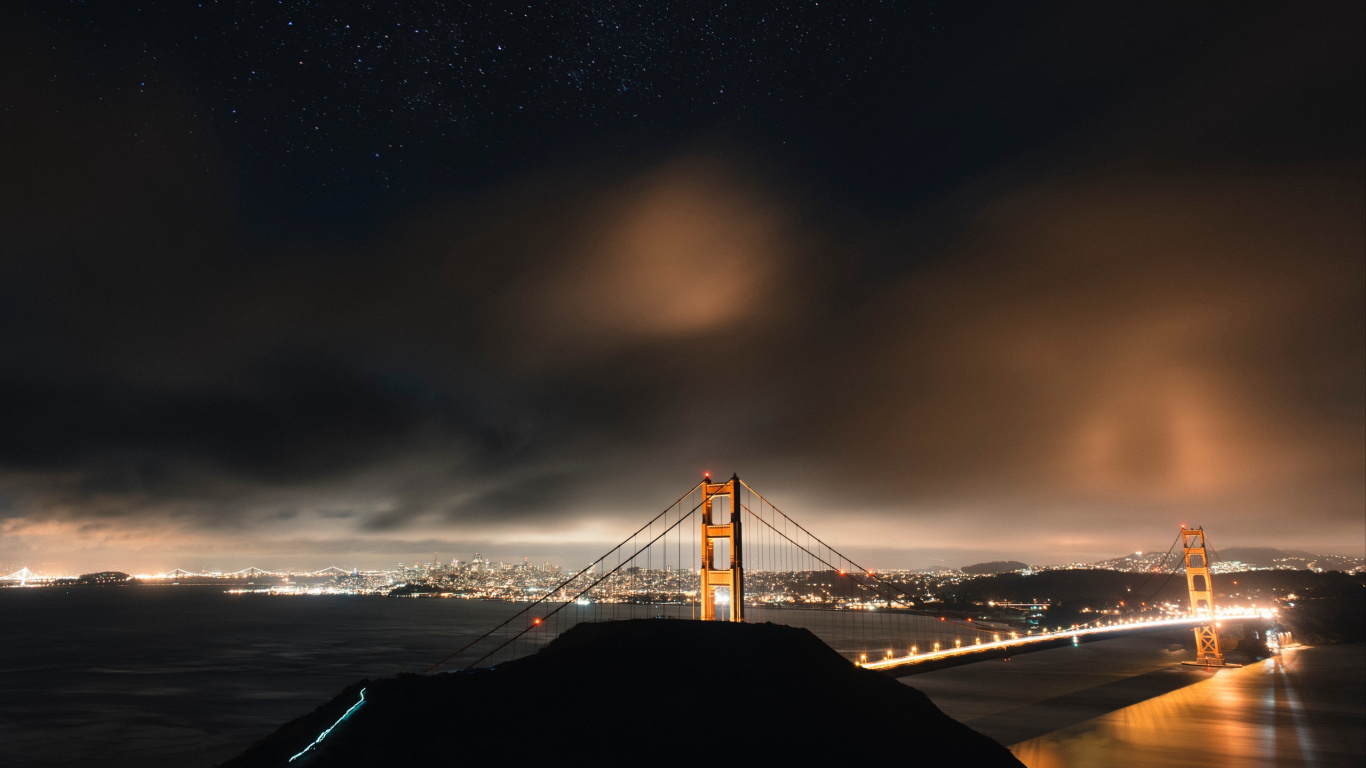 Golden Gate Bridge During Night Time. Wallpaper in 1366x768 Resolution