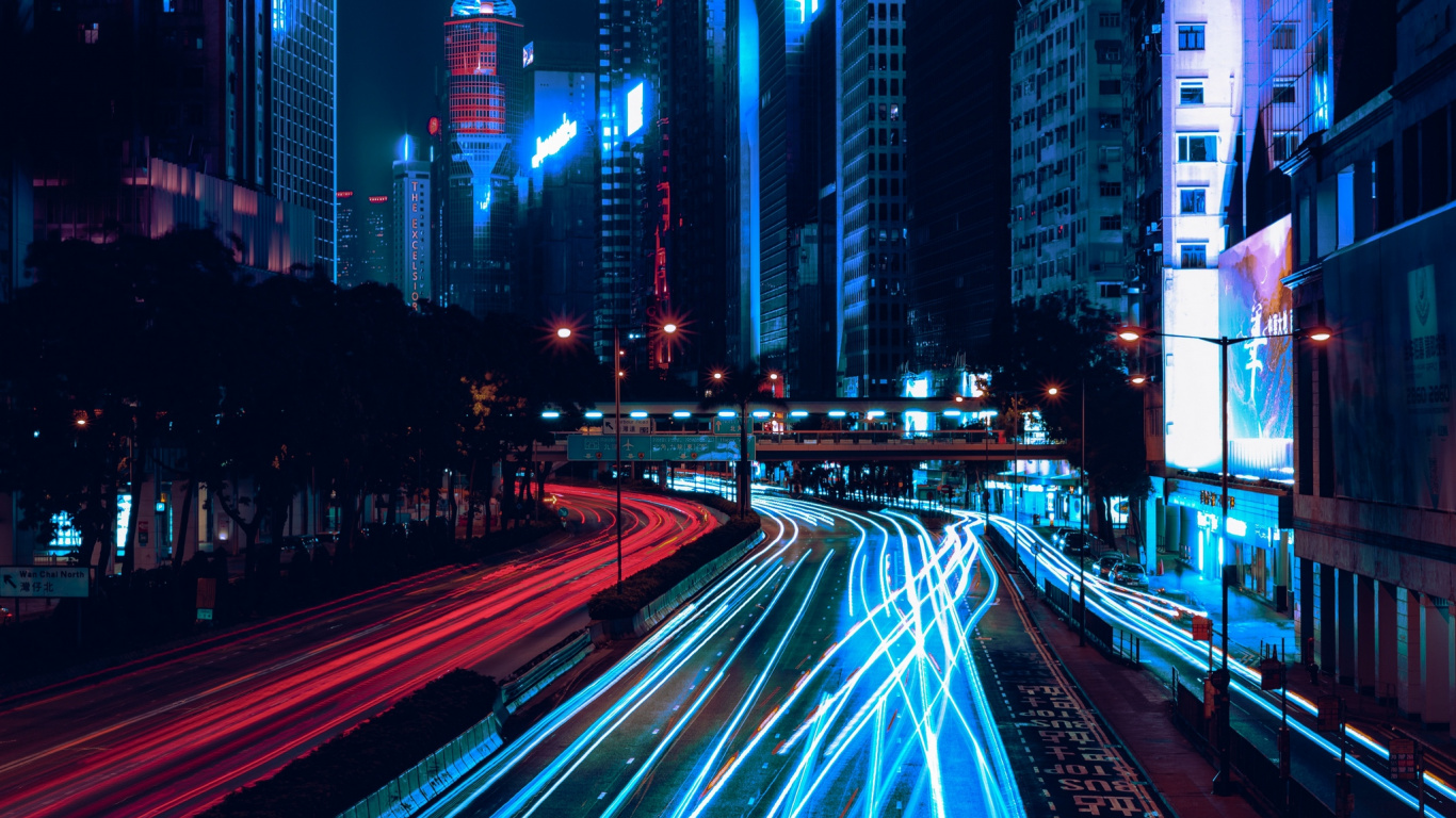 Time Lapse Photography of City Road During Night Time. Wallpaper in 1366x768 Resolution