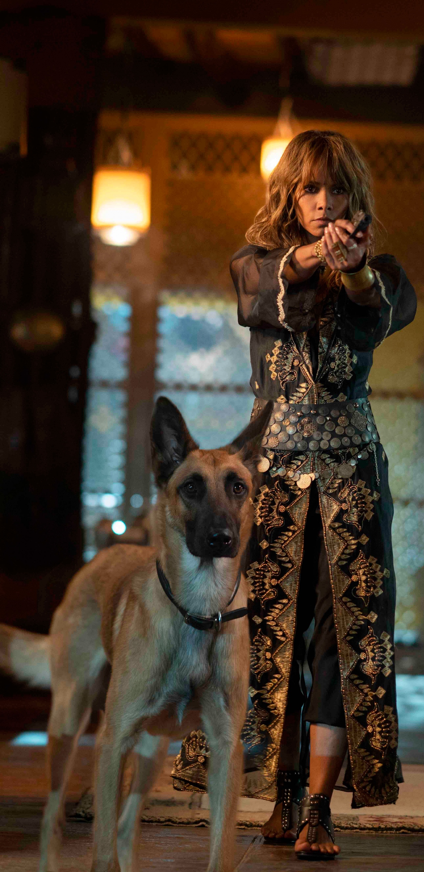 Frau in Schwarz-weißem Kleid Mit Braun-weißem, Kurzhaarigem Hund. Wallpaper in 1440x2960 Resolution