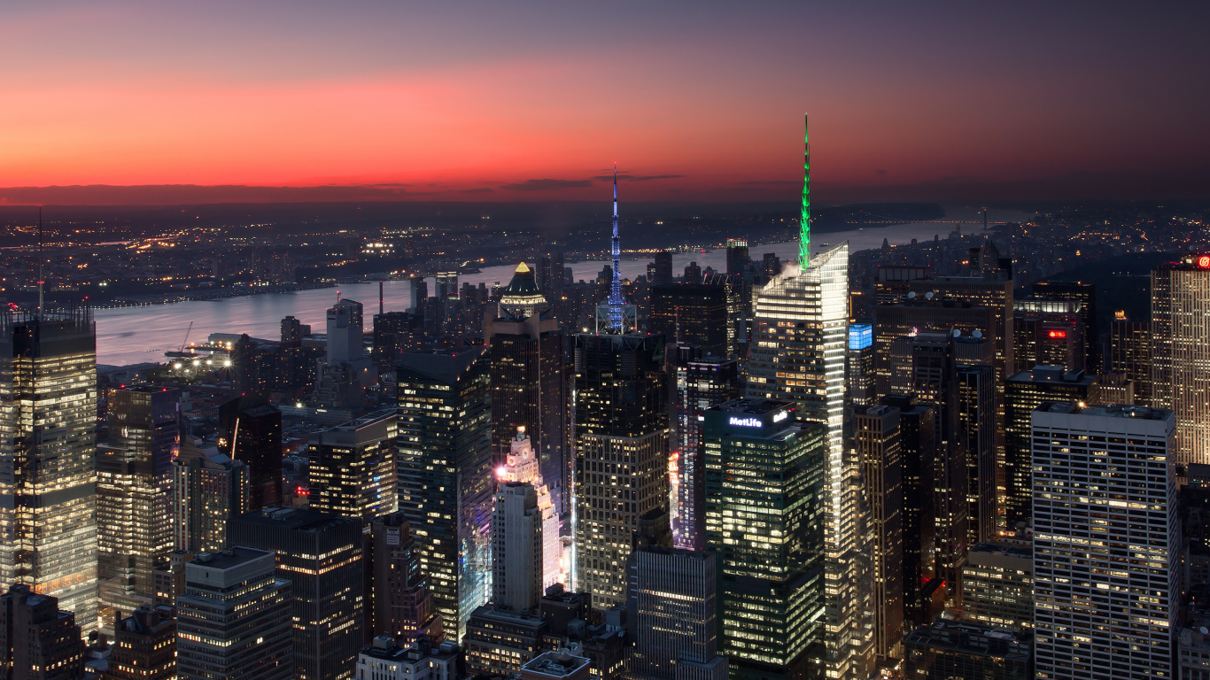 Aerial View of City Buildings During Night Time. Wallpaper in 1366x768 Resolution