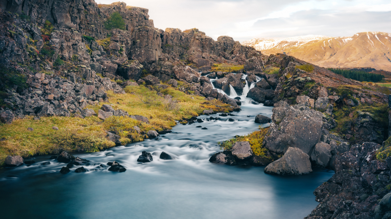 Ingvellir National Park, Song, Water, Cloud, Mountain. Wallpaper in 1366x768 Resolution
