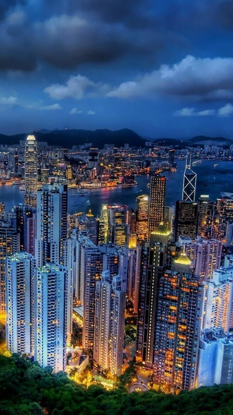 City Skyline Under Gray Cloudy Sky During Night Time. Wallpaper in 750x1334 Resolution