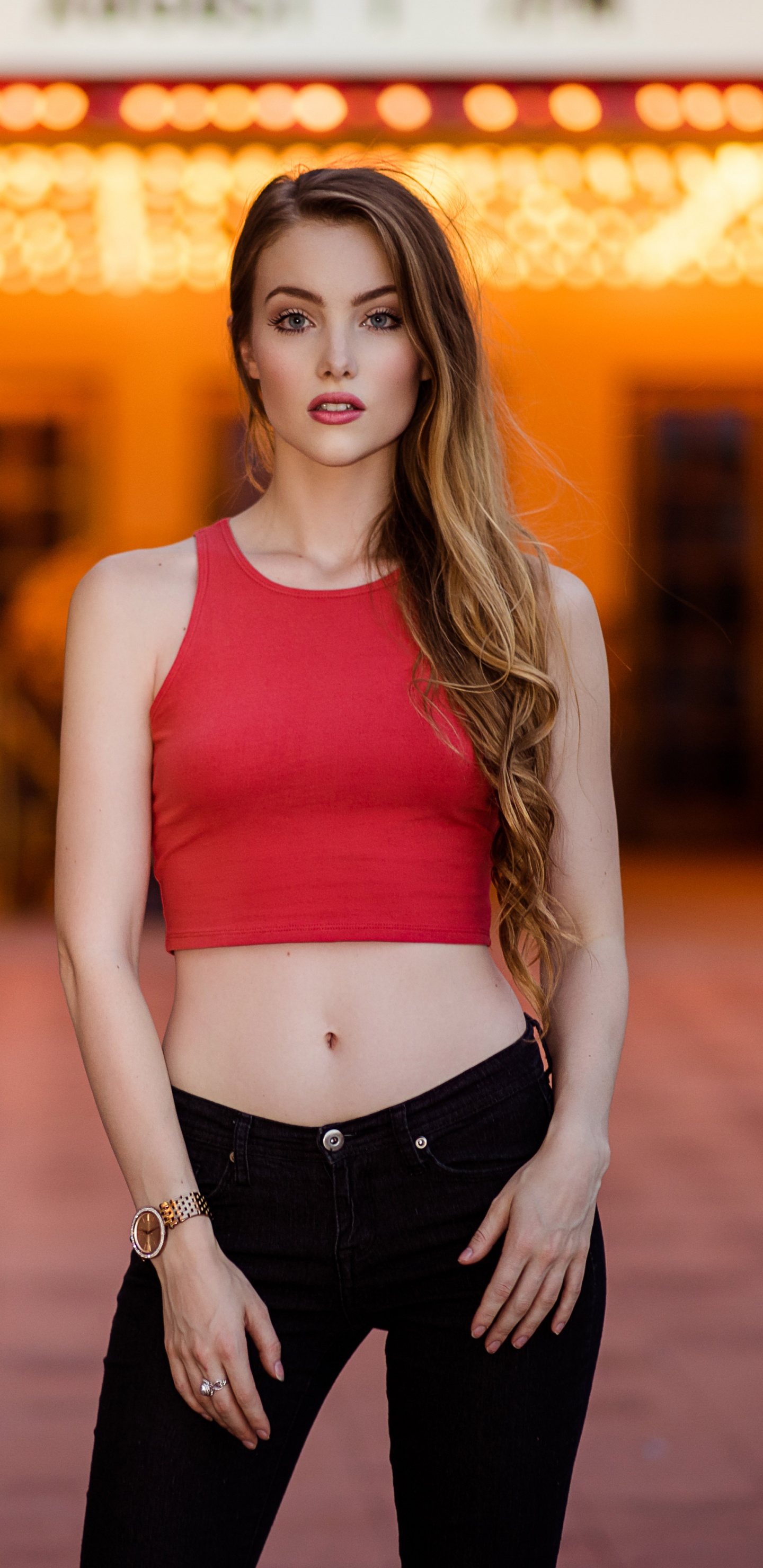 Jean, Mode, Schönheit, Pink, Gelb. Wallpaper in 1440x2960 Resolution